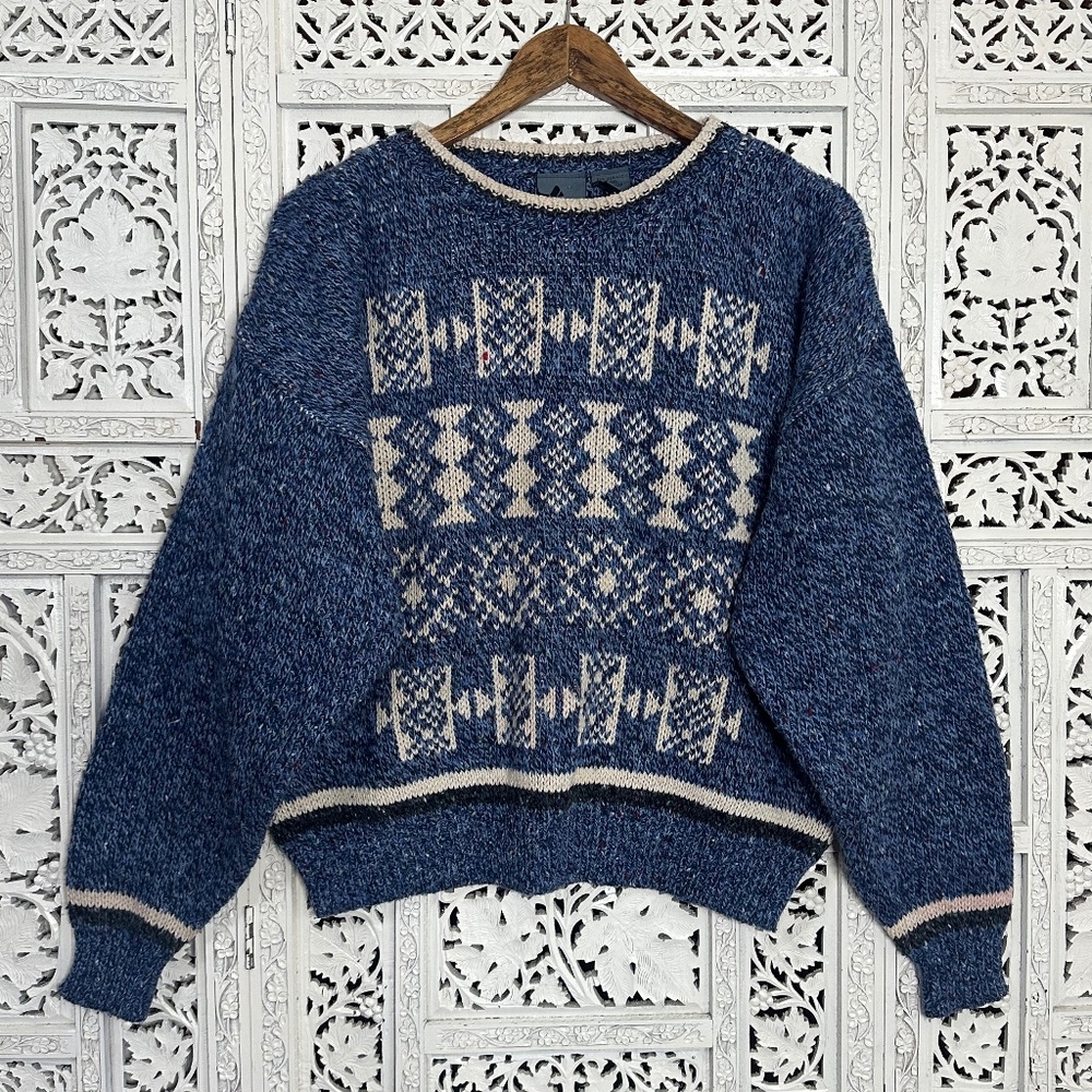 Vintage Liz Wear Wool Blend Blue & Cream Aztec‎ Geometric Chunky Grandpa Sweater